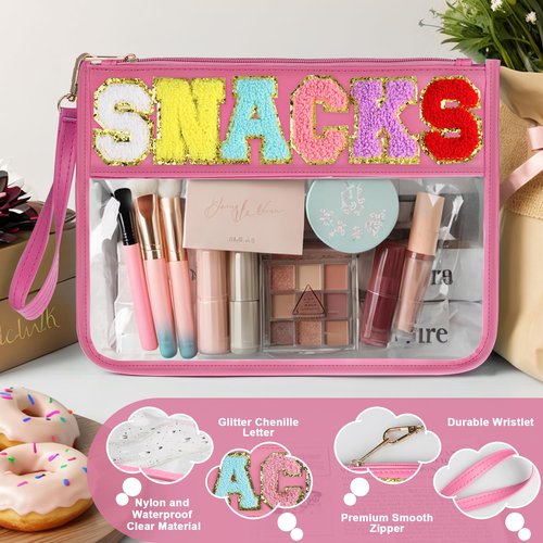 TESAFNG Snack Bag for Travel - Clear Chenille Varsity Letter Flat Pouch with Zipper, Waterproof Clear PVC&PU Preppy Patch Makeup Cosmetic tote Bags for Women Girls (Rose-Snacks)