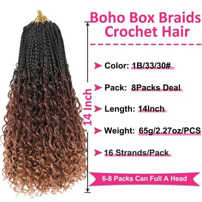 Unionbeauty Boho Box Braids Crochet Hair 14 Inch 8pcs Goddess Box Braids Crochet Hair for Black Woman Crochet Box Btaids Bohemian Hippie Crochet Braids Hair Synthetic Braiding Hair Extension 1B/33/30#