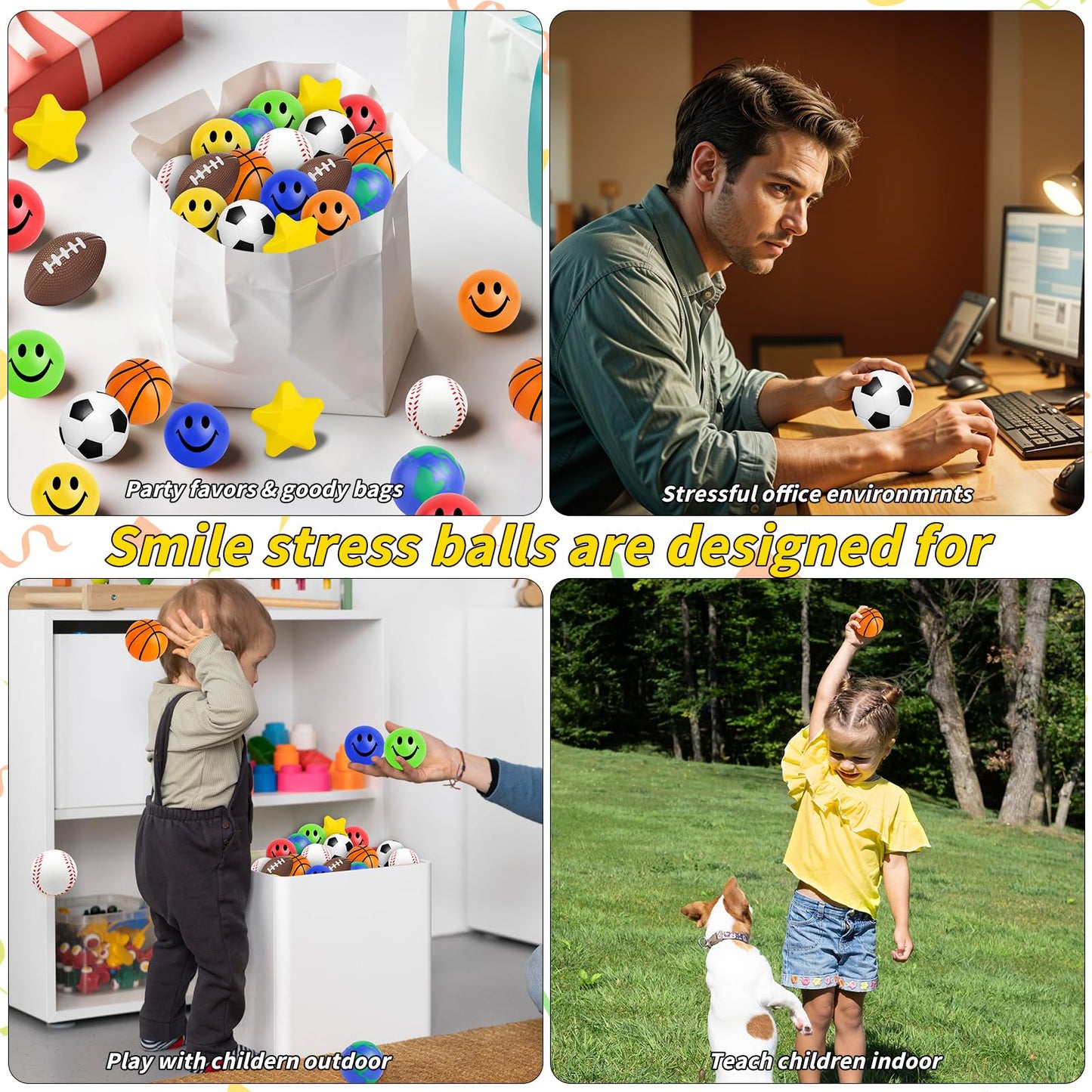 60 Pcs Sports Balls Bulk Kids Small Mini Stress Ball for Party Favor Toy, Including Basketball, Baseball, Football, Globe, Soccer, Star, Smile for Stress Relief School Prizes Carnival Fillers Gift