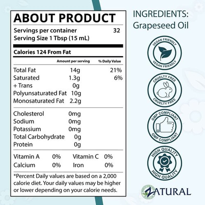 Zatural Grapeseed Oil Organically Grown 100% Pure Cold Pressed Virgin High Tempurature Cooking Oil (16oz)