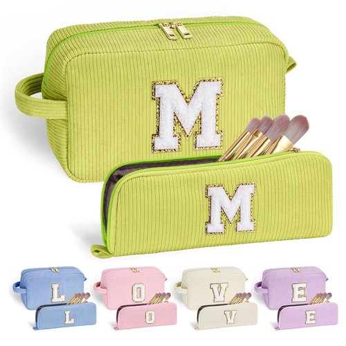 YOOLIFE Personalized Makeup Bag - Gifts for Women Her Girls Sister Girlfriend Gifts Monogram Make Up Bag Cute Cosmetic Bags for Women Girls Friend Birthday Gifts Mom Grandma Gifts Ideas Green Letter M
