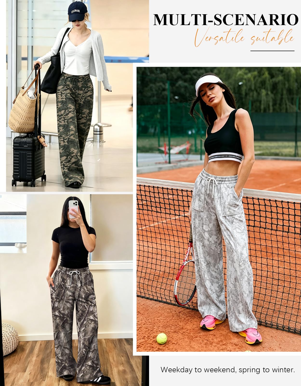 ALIMASHA Women's High Waisted Drawstring Waist Wide Leg Sweatpants with Pockets Casual Loose Yoga Pants Camo Gray M
