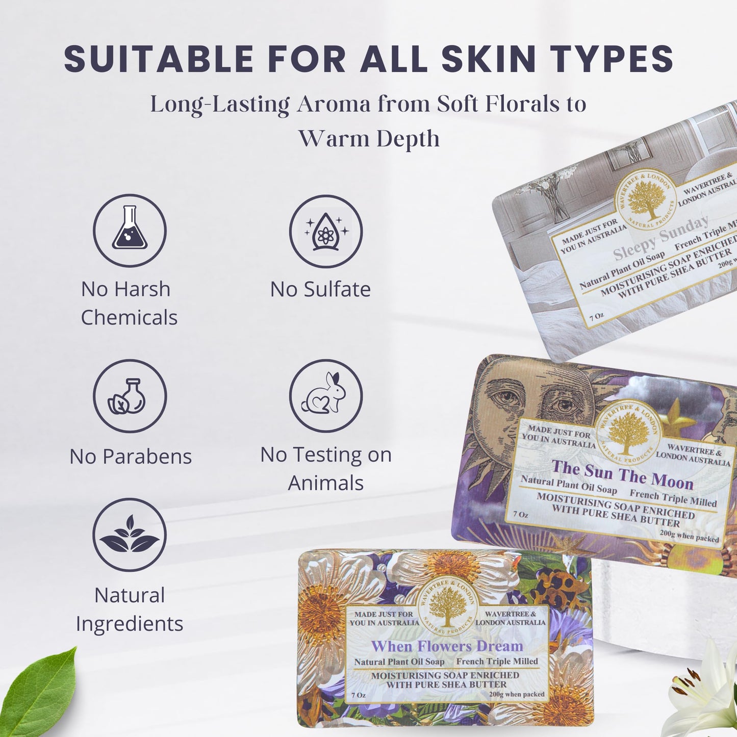 Wavertree & London Dreams Bar Soap Gift Set, 3 Pack Australian Triple Milled Natural Bar Soap with Organic Shea Butter & Essential Oils, Moisturizing Plant-Based Bath & Body Soap Bars for Women & Men