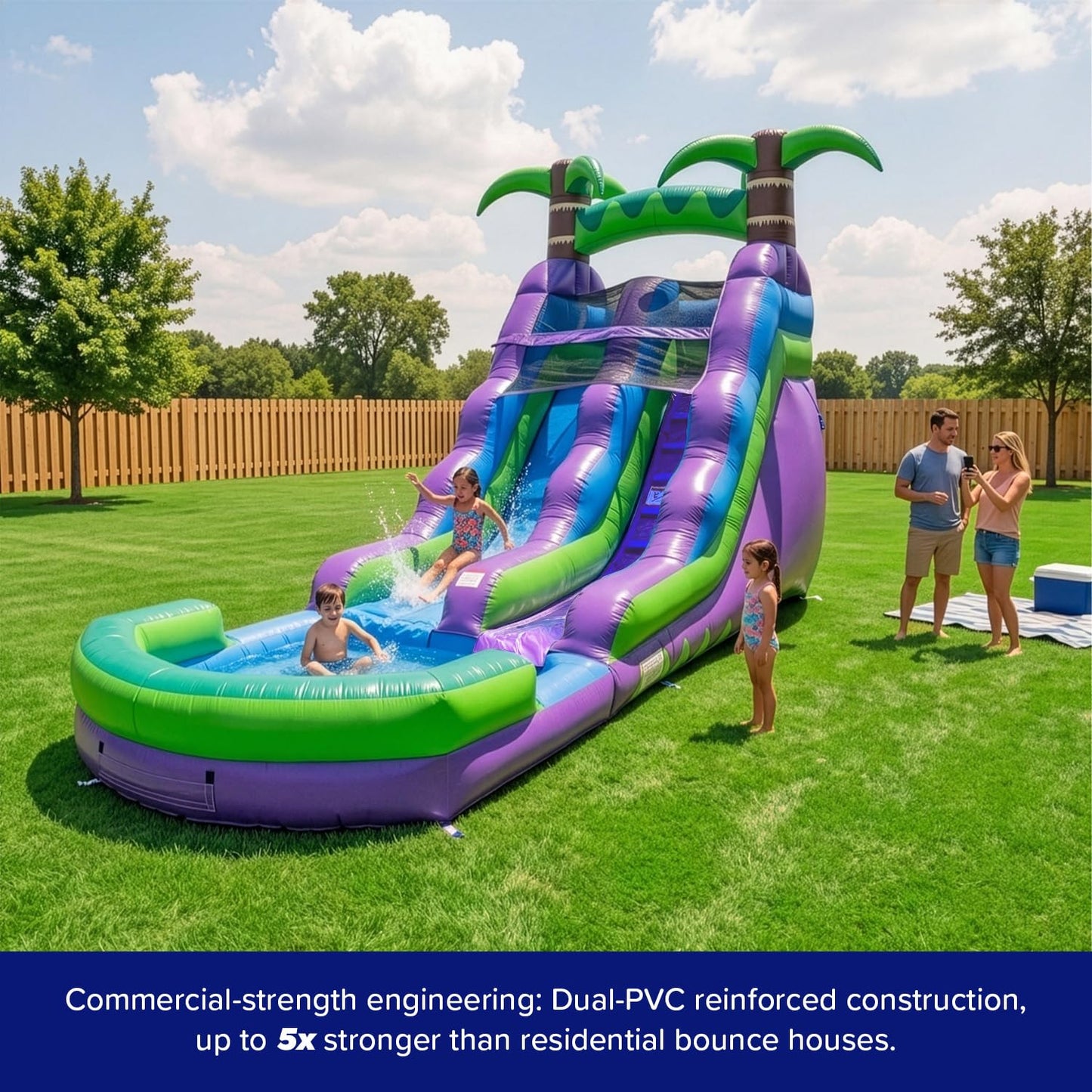 HeroKiddo 16ft Tropical Inflatable Water Slide with Pool, 25ft Long- 100% Commercial Grade PVC Vinyl, Reinforced Strength Wet/Dry Fun, Front Load Entry for Easy Supervision