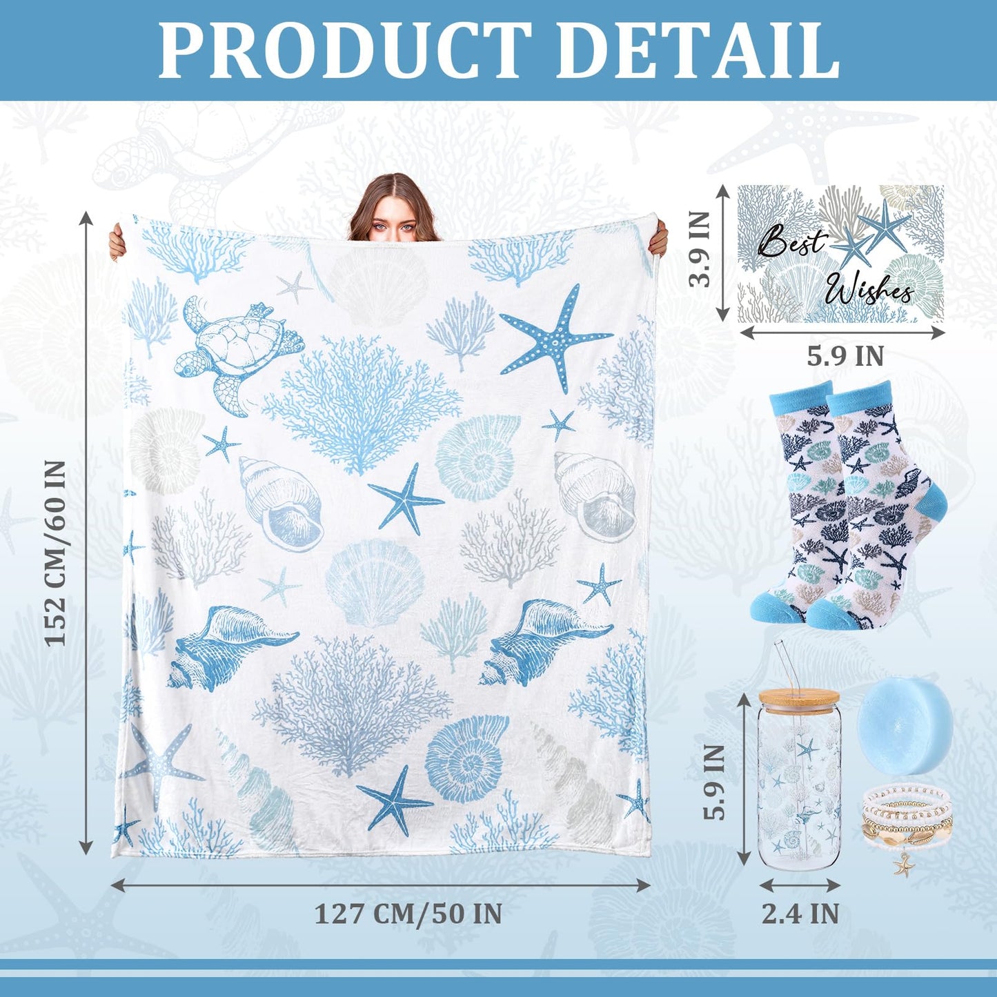 Acellegic Ocean Beach Birthday Gift Set for Women Throw Blanket 50 x 60 Inch Starfish Seashell Coral Themed Include Bracelet, Card, Pen, Soap, Glass Tumbler, Socks for Her Friend Mom Thinking of You