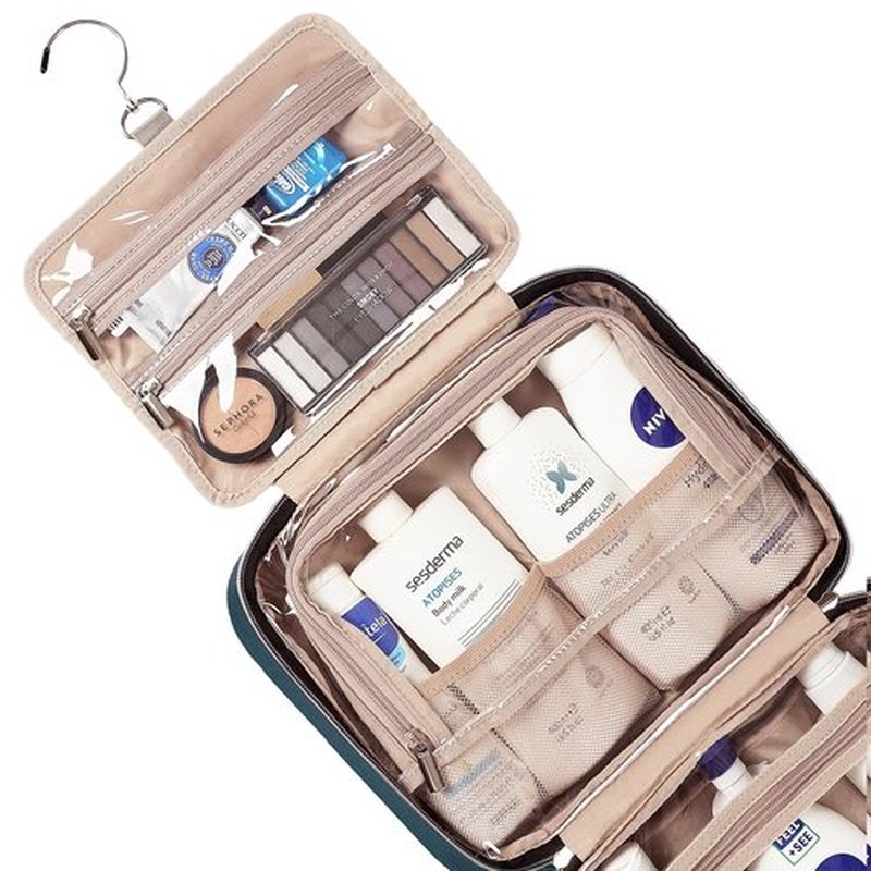 NISHEL Travel Toiletry Bag for women, Portable Hanging Organizer for Full-Sized Shampoo, Conditioner, Brushes Set, Makeup Accessories, Large Size, Lake-Blue