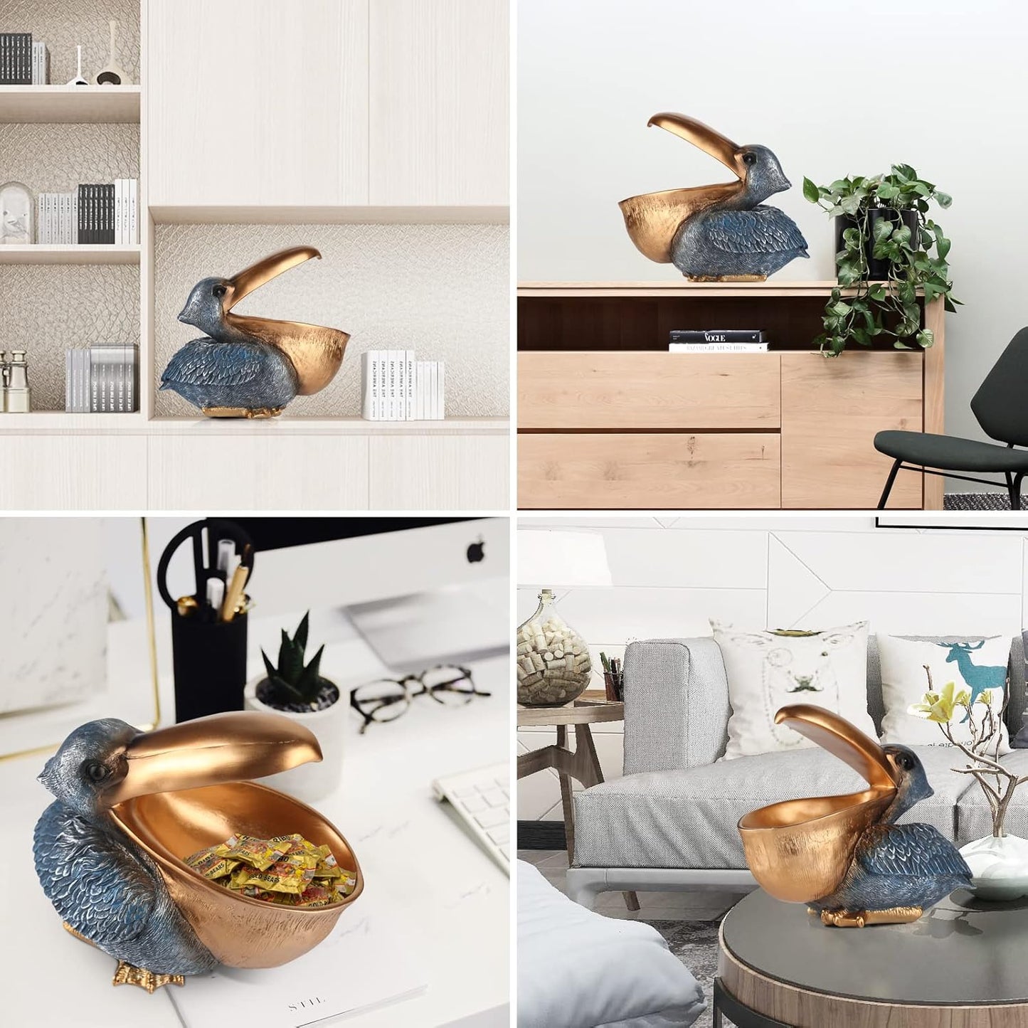Pelican Key Holder Statue - Fun Hippo Candy Dish for Office Desk | Unique Modern Decor (Gold)