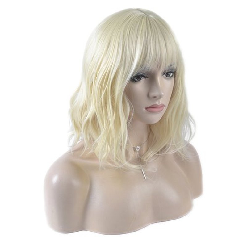 DAOTS 14 Inches Curly Wigs with Bangs for Women Girls Heat Resistant Synthetic Hair Wig (Light Blonde)