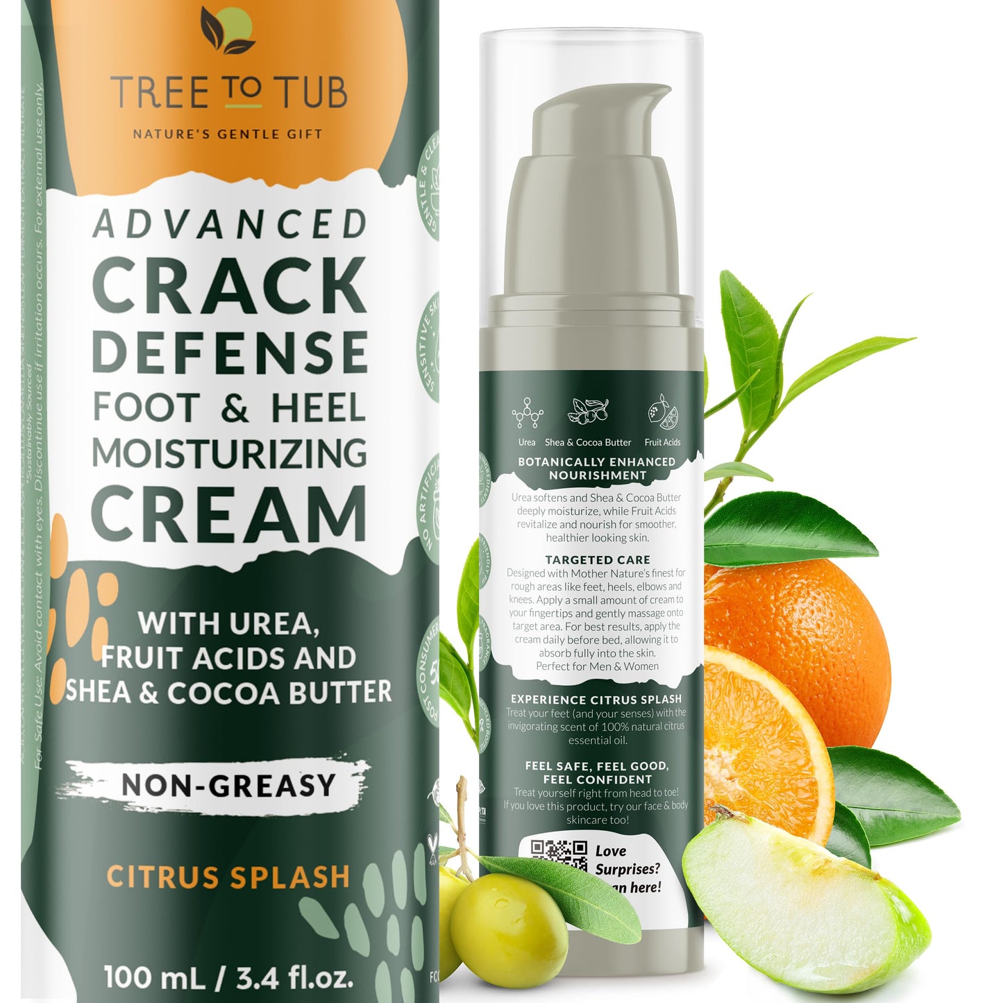 Tree To Tub Foot Cream for Dry Cracked Heels and Feet - Foot Lotion for Dry Cracked Feet, Non-Greasy Moisturizer Urea Cream w/Softening Shea Cocoa Butter, Citrus Foot Care for Women & Men