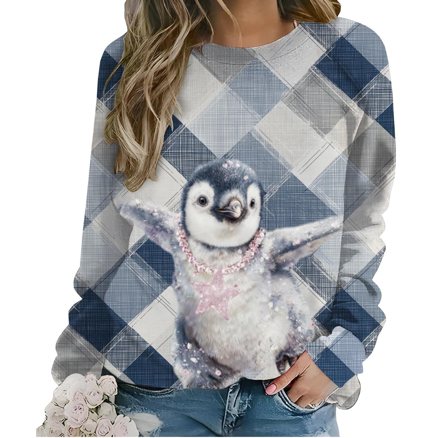 BIVENANT Ugly Christmas Sweater Women Womens Funny Cat Sweatshirts Crew Neck Animal Print Xmas Shirts Holiday Sweaters Tops Trendy Winter Gifts,Christmas Penguin,3XL