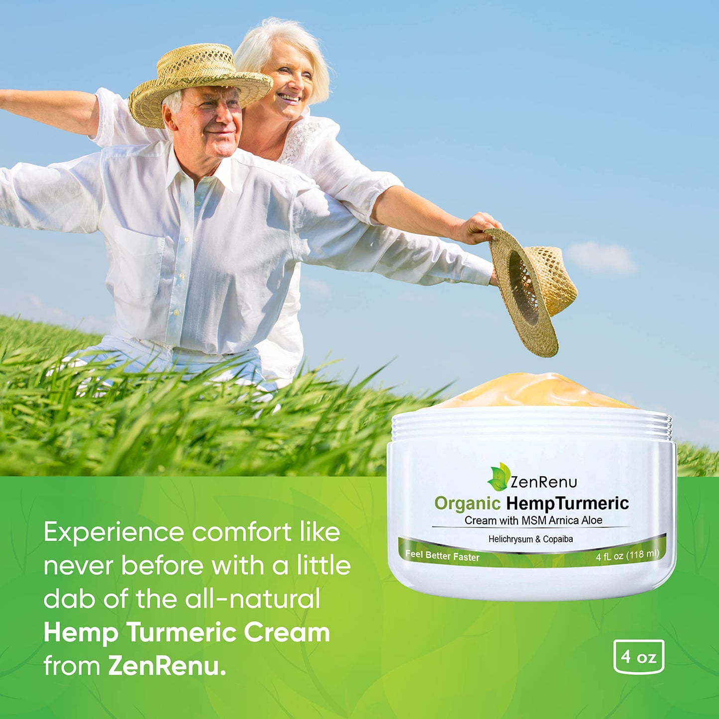 Zenrenu Organic Hemp Turmeric Cream with Arnica, MSM, Hemp Oil Extract, & 7 Essential Oils - Non Greasy & Fast Absorbing for Any Areas of Discomfort 4 oz