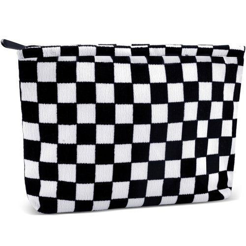ZLFSRQ Checkered Makeup Bag for Women Girls Large Capacity Black Corduroy Travel Cosmetic Bag Set Makeup Pouch for Purse Zipper Toiletry Organizer Cute Y2K Aesthetic Trendy Makeup Brushes Storage Bag
