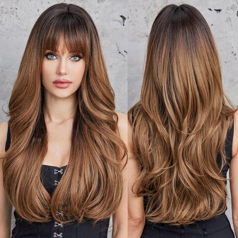 HAIRCUBE Ombre Brown Wigs with Bangs Synthetic Women's Wig Long Wavy Layered Heat-Resistant Wig for Daily Use Natural and comfortable
