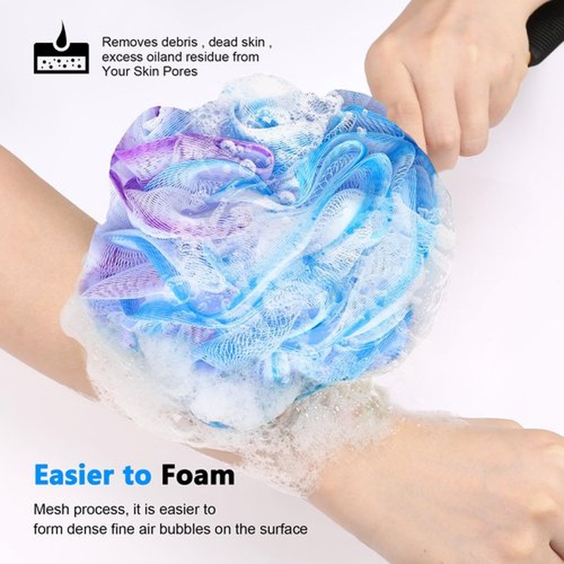 Loofah on a Stick PE Soft Mesh Luffa with Non-Slip Wooden Handle Made of Soft and Sturdy Rubber Material Back Scrubber for Shower for Women and Men with String for Easy Hanging(Purple Blue White)