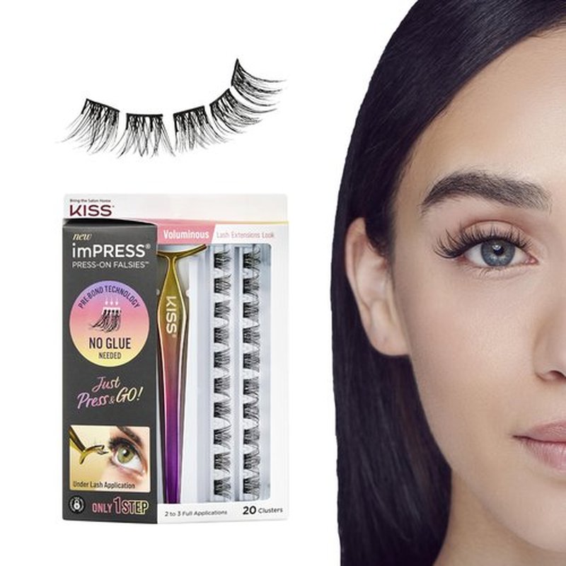 KISS imPRESS Falsies False Eyelashes, Lash Clusters, 'Voluminous', 14 mm, Includes 20 Clusters, 1 applicator, Contact Lens Friendly, Easy to Apply, Reusable Strip Lashes
