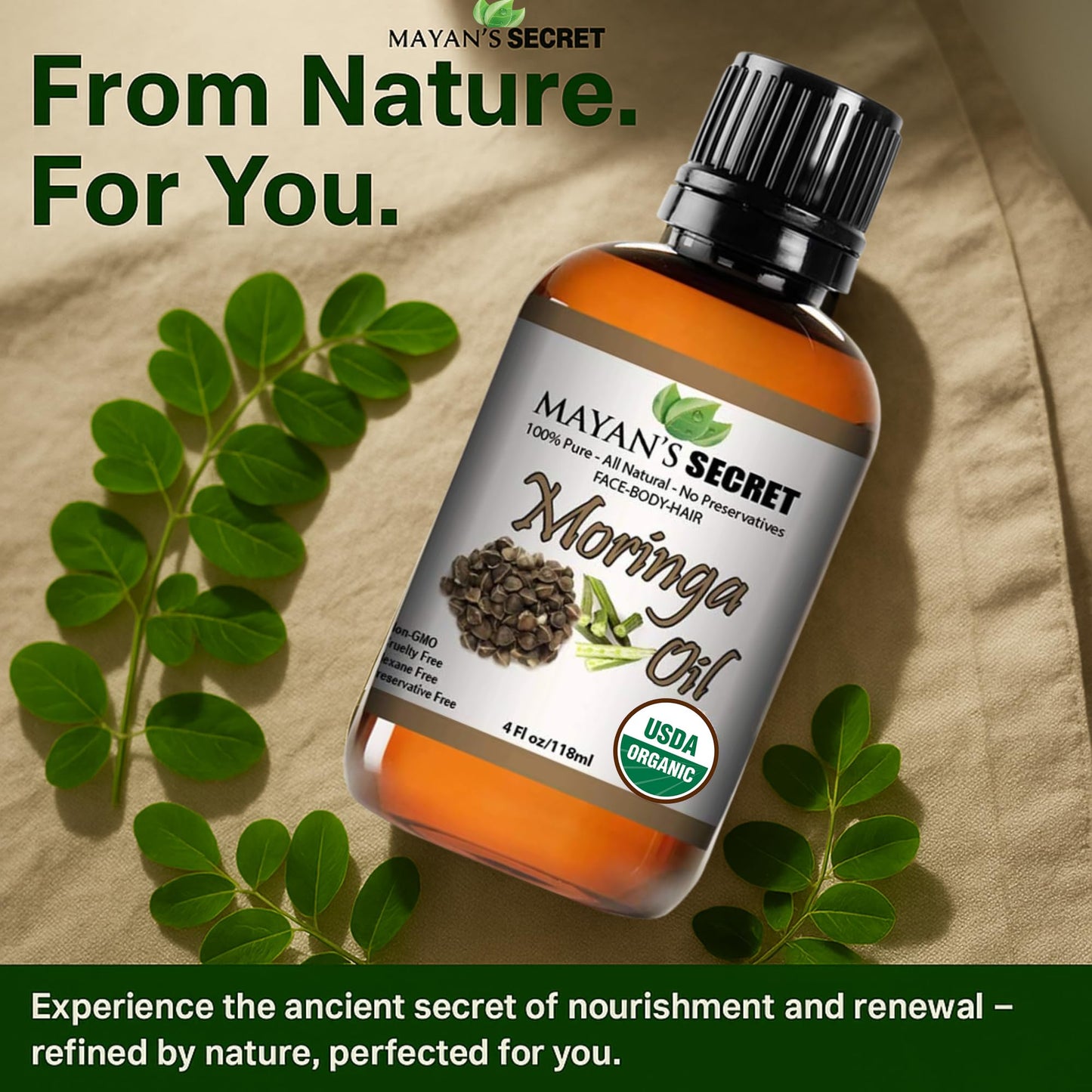 Organic Moringa Energy Oil 100% Pure Moringa Seed Oil from Rejuvenate Dull Skin - Great for Hair and Face, Botanical Anti-Aging Beauty - Great for Cuts, Rashes, Burns - Pure, Undiluted-
