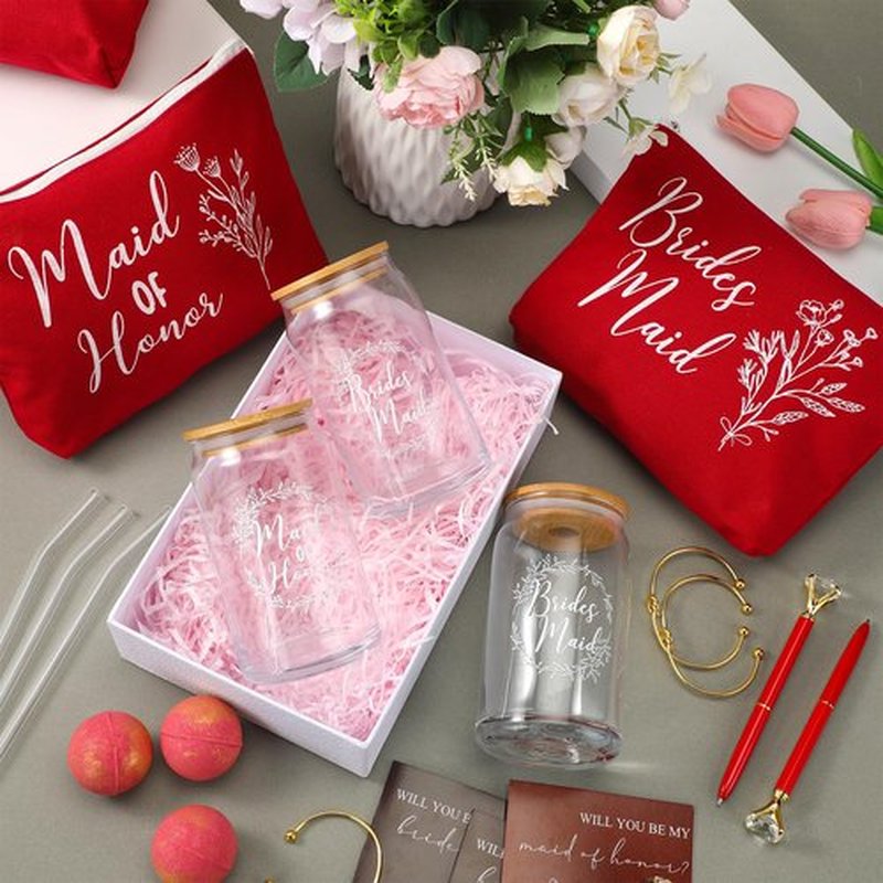 Skybooly 18 Pcs Bridesmaid Proposal Gifts Maid of Honor Gifts Including Brides Maid Glass Cup Makeup Bag Diamond Pen Bracelet Invited Cards for Wedding Party Favors(Red)