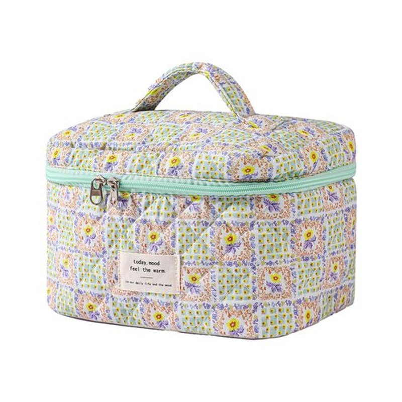 uekeboag Large Travel Quilted Makeup Bag for Women, Floral Cotton Cosmetic Bag, Coquette Aesthetic Floral Toiletry Organizer Bag (04Yellow-Flower)