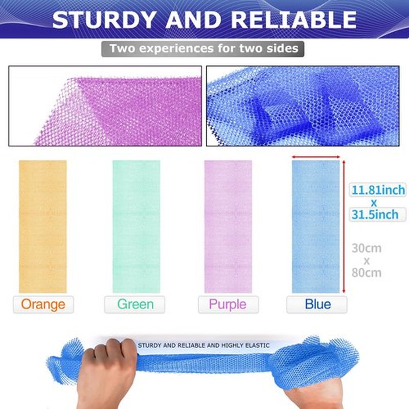 RIUOTA 4 African Net Sponge Mesh Long Mesh Bath Sponges - Exfoliates and Refreshes Skin for a Silky Smooth Shower Experience (Blue, Orange, Green, Purple)