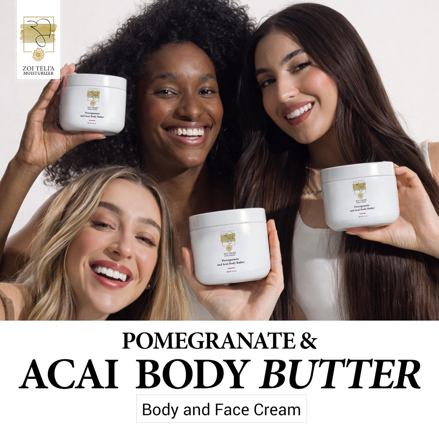 Zoi Teli'a Pomegranate and Acai Body Butter Deep Moisturize & Nourish Sensitive & Dry Skin with Shea Butter, Sweet Almond Oil & Antioxidant – Body and Face Cream for Soft, Supple & Radiant Glow – 4 Oz