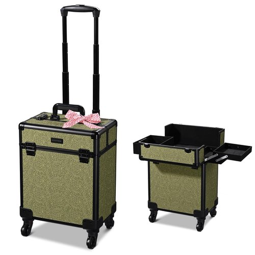 BYOOTIQUE Rolling Makeup Train Case Cosmetic Case Portable Makeup Organizer Suitcase with Removable Wheels Cosmetic Trolley Organizer Makeup Artist Salon, Rococo Moss