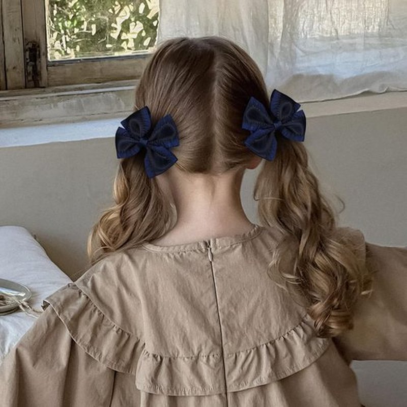2Pcs Navy Blue Satin Ruffle Ribbon Bow Hair Clips 3inch Small Cute Silky Satin Bowknot Barrettes Alligator Hairpins Wedding Dress Accessories for Flower Girls Toddlers Teens Kids