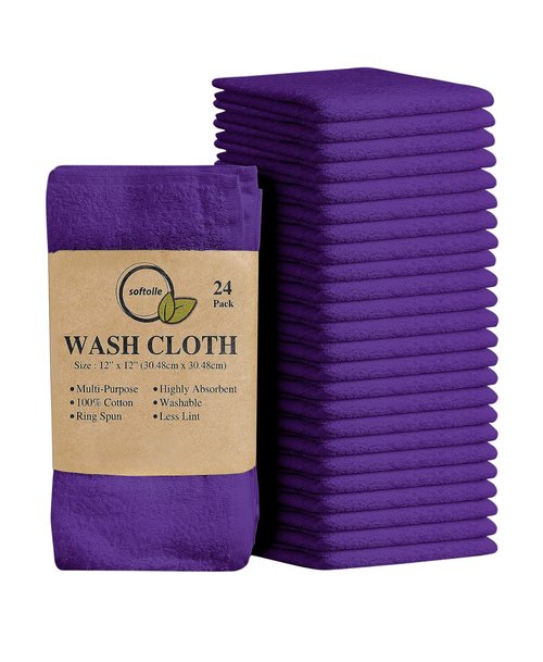 Softolle 100% Cotton Ring Spun Wash Cloths – Bulk Pack of Washcloths – 12x12 Inches – Wash Cloth for Face, Highly Absorbent, Soft and Face Towels (Purple, 24 Pack)