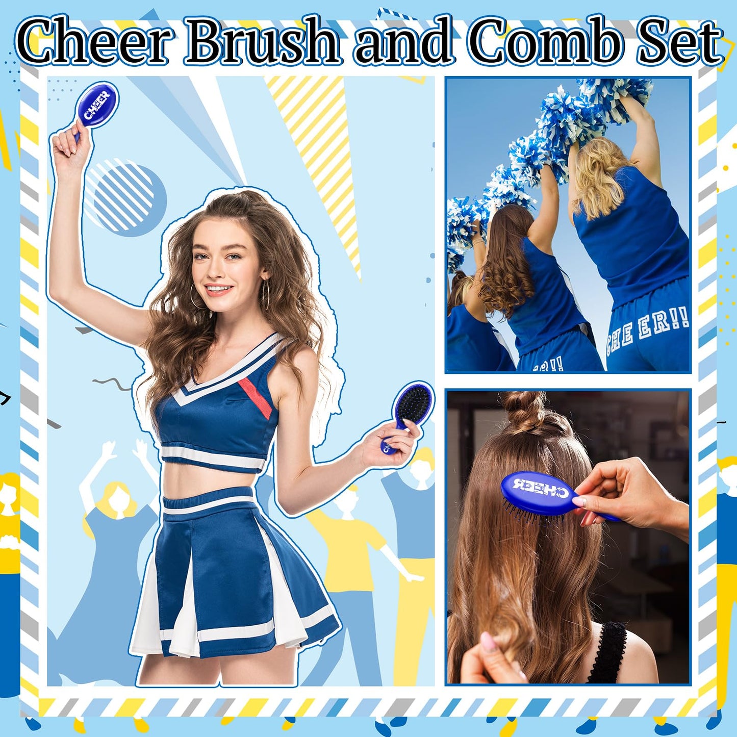 SiliFine 20 Pack Cheer Mini Hair Brushes Bulk Cheer Gifts Bulk for Team Detangling Hair Brushes Plastic with Bristles for Cheerleader Team Sport Valentine Gifts for Women(Blue)