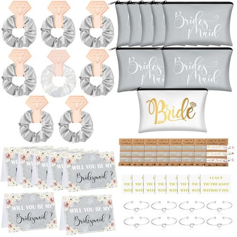 63 Pcs Bridesmaid Proposal Gifts Bulk Maid of Honor Gifts Matron of Honor Gifts Brides Bridesmaid Cosmetic Makeup Bag Hair Knotted Bracelets Invitation Cards for Wedding Bachelorette (Rhinestone)