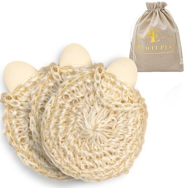 Natural Handwoven Sisal Loofah Body Scrubber - Organic Shower Sponge Made from Premium Agave Fibers - Arabic-Turkish Style with Bar Soap Pouch - Natural Body Scrubber for Men & Women (3-Pack)