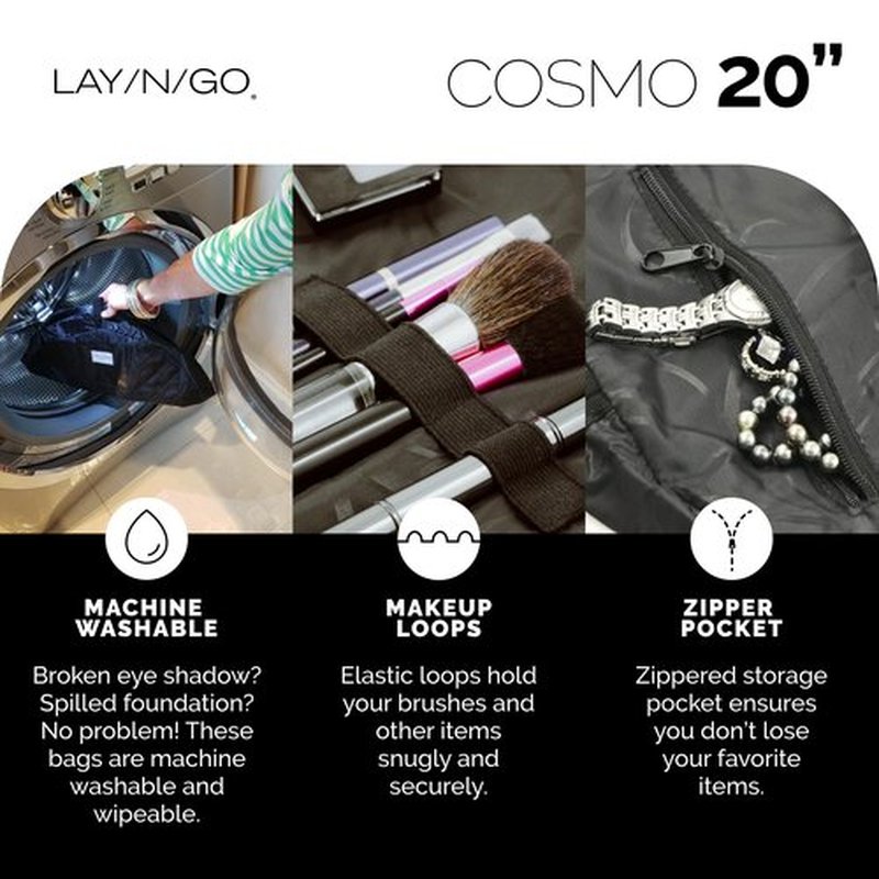 Lay-n-Go Cosmo Drawstring Cosmetic & Makeup Bag Organizer - Portable Drawstring Makeup Bag w/Zipper Pocket, Makeup Loops & More - Durable, Machine Washable Makeup Bag for Travel (20”, Evergreen)