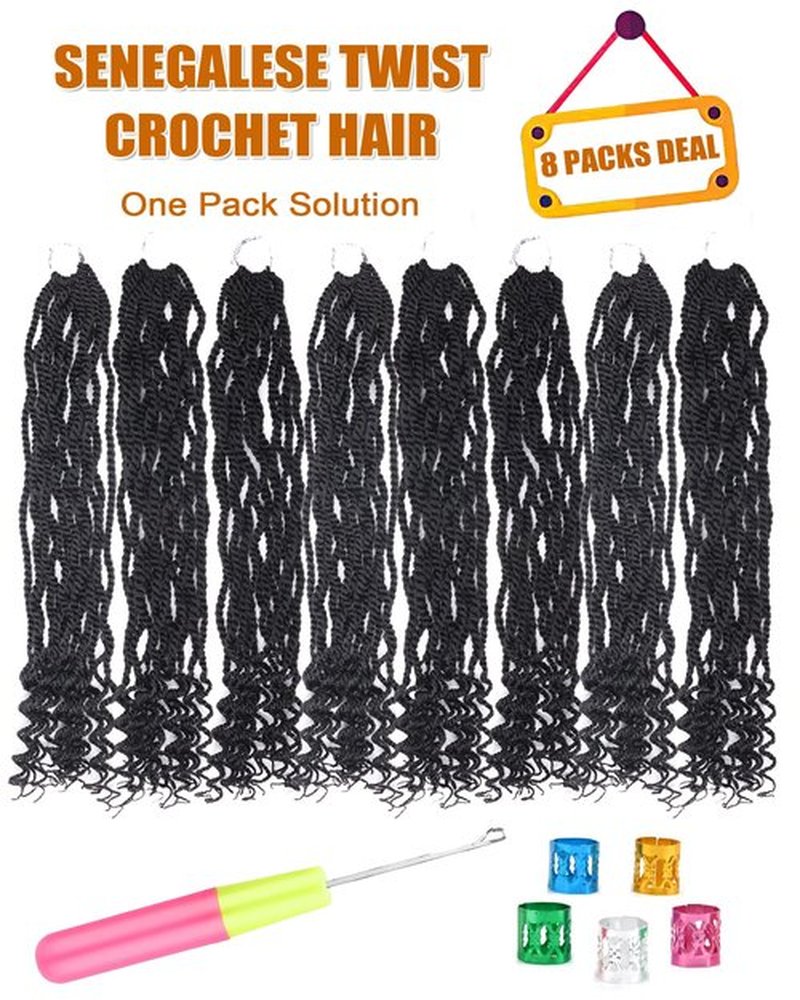 Senegalese Twist Crochet Hair 18 Inch Crochet Hair for Black Women Pre Looped 8 Packs Crochet Braids with Curly Ends Pre Twisted Kinky Twist Crochet Hair (18 Inch,1B)