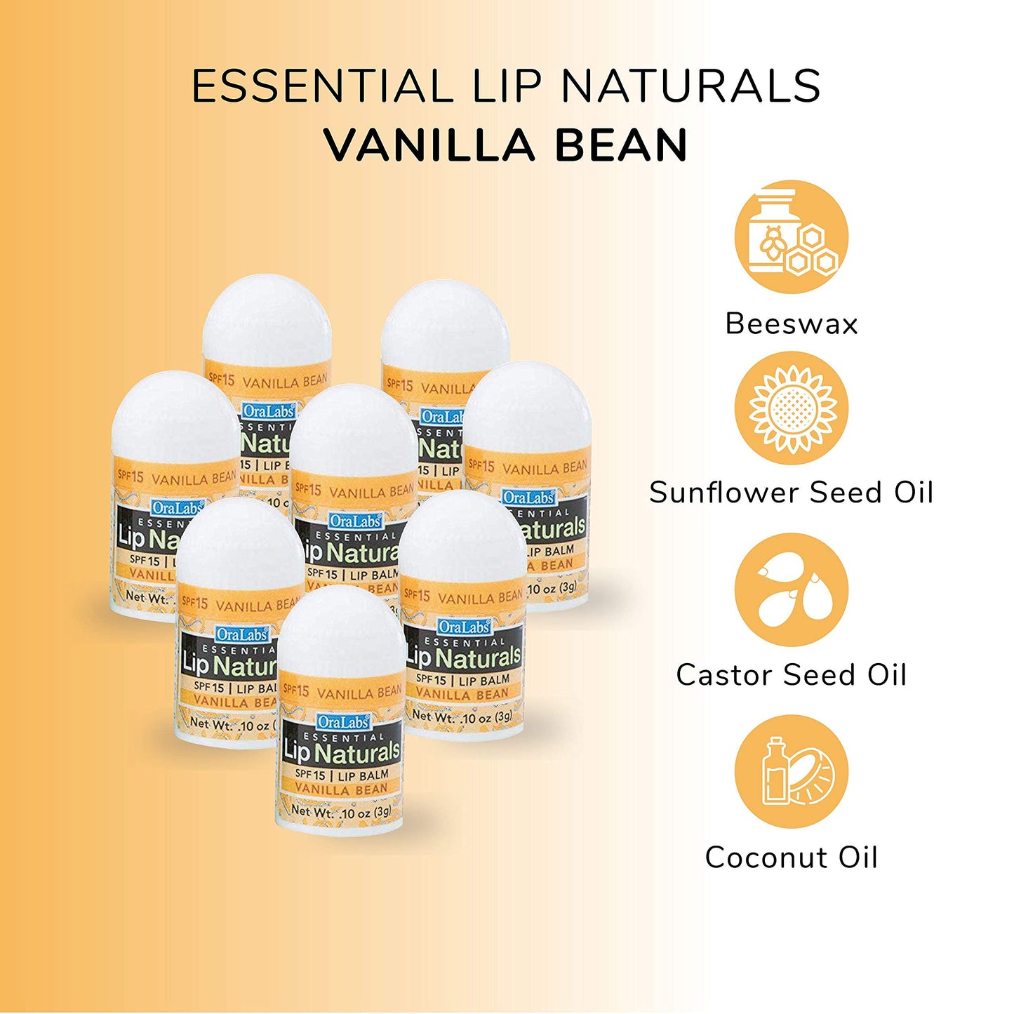 Lip Naturals® Mini Vanilla Lip Balm with Sunscreen (SPF-15) | Made in USA with Beeswax & Coconut Oil | 12-Count Pack with Vanilla Bean Flavor (0.10oz/3g Each)