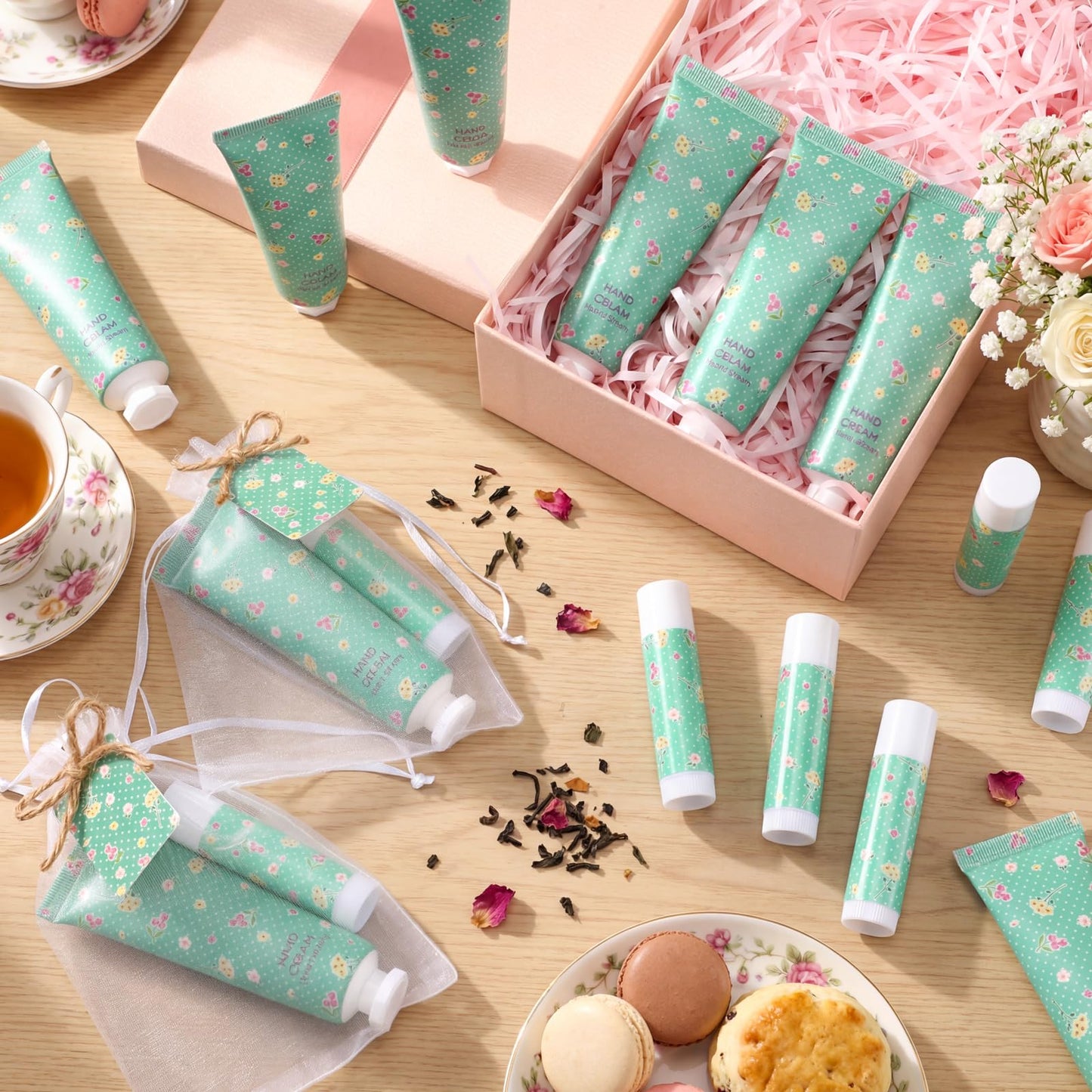 Loopeer 24 Sets / 96 Pcs Tea Party Hand Cream and Lip Balm Gift Flower Spring Party Favors for Guest Floral Flavor Travel Size Hand Lotion and Lip Balm Bulk Wedding Bridal Shower Birthday(Flower)