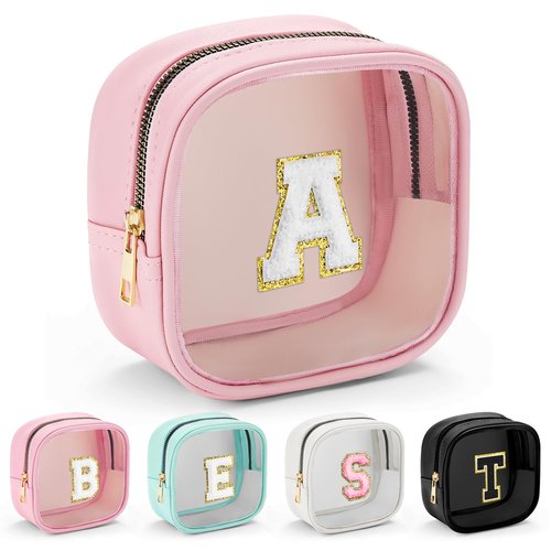 YOOLIFE Initial Mini Makeup Bag | Make Up Bag Travel Toiletry Bag | Clear Makeup Bag | Preppy Cosmetic Bags Organizer Travel Essentials Gifts for Women Teen Girlfriend Teacher Brithday Gifts Pink A