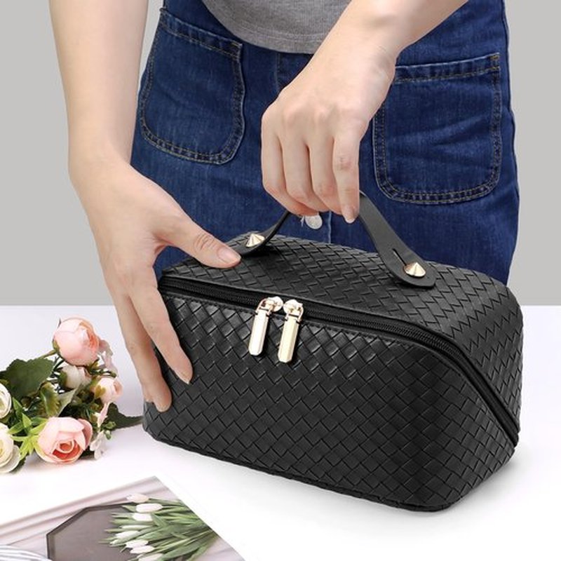 ALEXTINA Large Capacity Travel Cosmetic Bag - PU Leather Makeup Organizer Bag Portable Woven Makeup Bags for Women Waterproof Travel Toiletry Bag with Divider Pouch, Black
