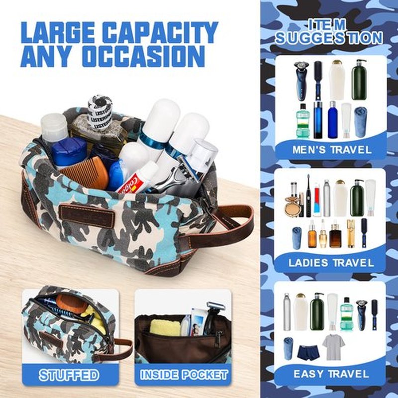 emissary Men's Toiletry Bag, Leather and Canvas Travel Toiletry Bag, Dopp Kit for Men, Travel Bathroom Bag Men's Shaving Kit, Travel Kit Small Bags for Men, Shaving Bag for Travel (Camo-Blue)