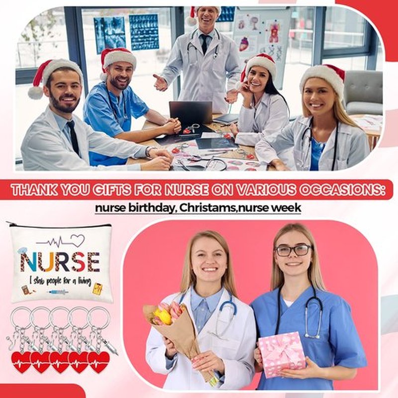 Cunno 32 Pcs Nurse Appreciation Gift Set Nurse Makeup Bags Nurse Keychains for Women Nurse Week Graduation Gifts(Funny Style)