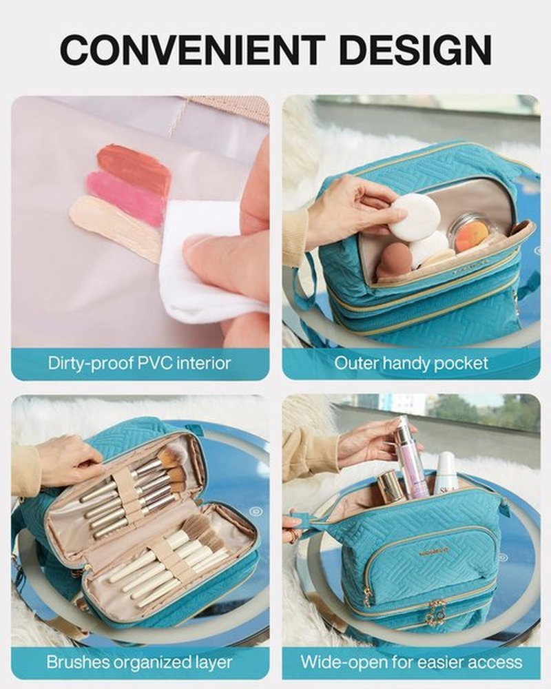 BAGSMART Travel Makeup Bag, Cosmetic Bag Make Up Organizer Case, Large Wide-open Pouch for Women Double Layers Purse for Toiletries Accessories Brushes Teal