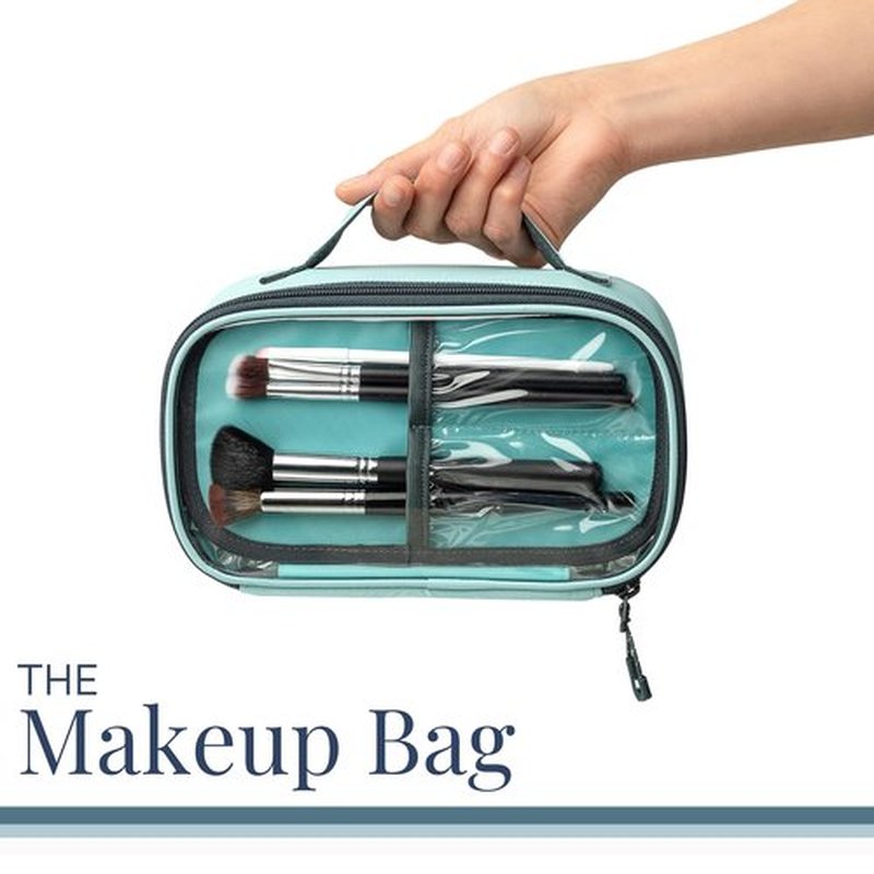 Toiletry Bag Kit Set: Hanging Travel Toiletry Bag + Makeup Bag with Brush Holder + Ultralight Accessory Organizer Pouch (Dusty Teal Makeup)