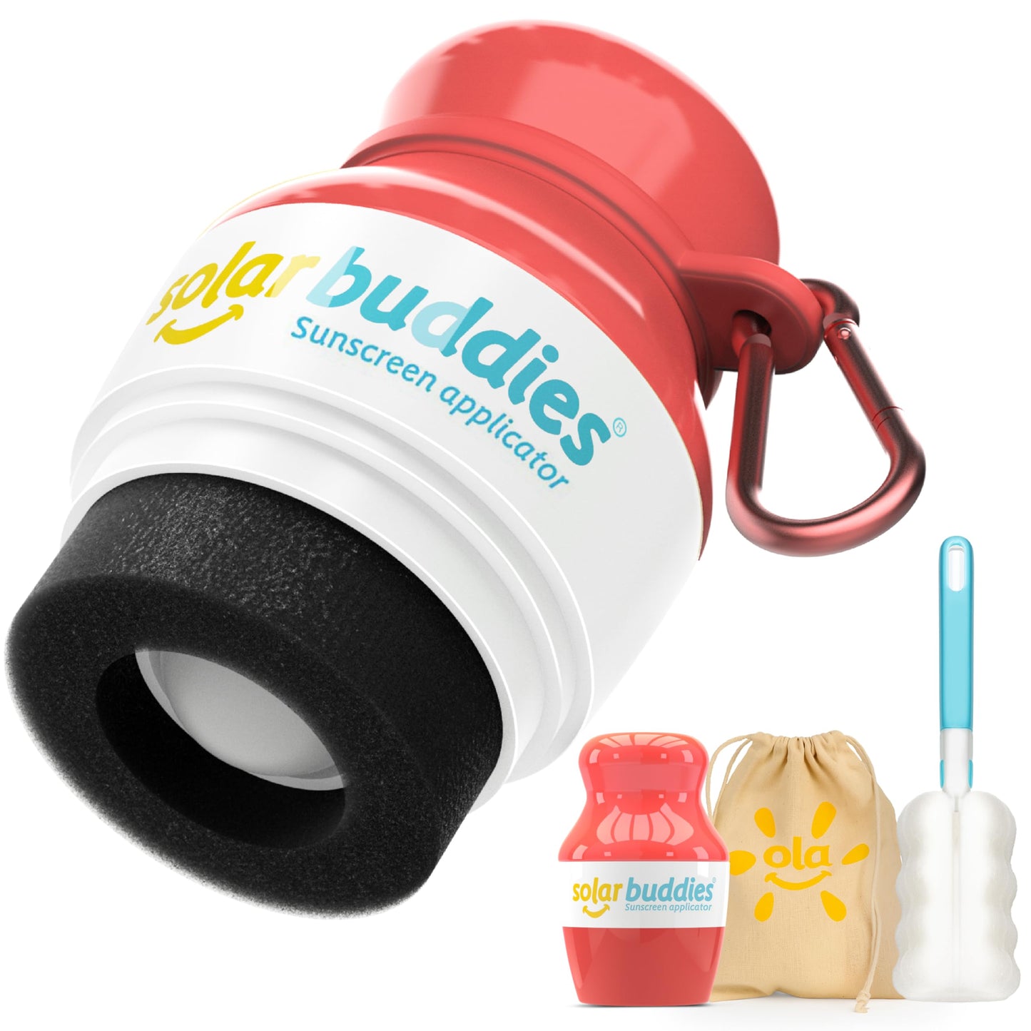 Solar Buddies Grab & Go Travel Bundle, Carabina Clip & Cleaning Brush - Single Full Red - Refillable Roll on Sponge Sunscreen, Suncream & Lotion Applicator For Kids, Adults & Families - Holds 100ml
