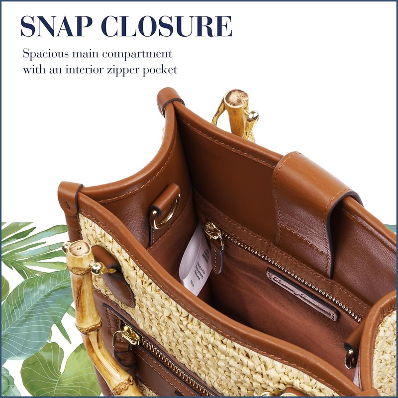Raffia Tote Bag - Structured Summer Handbag with Bamboo Handle | Crossbody Strap, Cognac & Natural