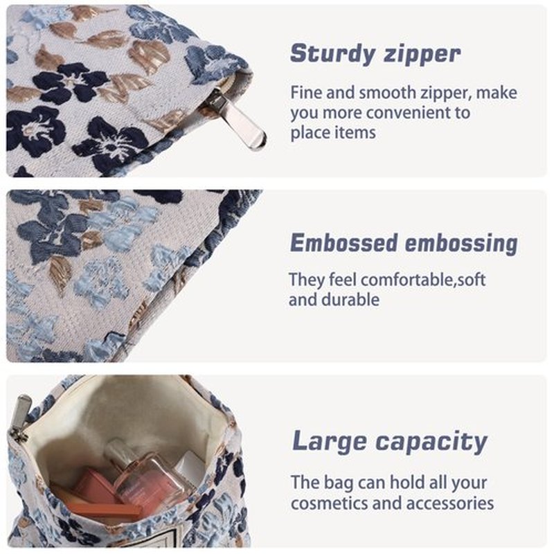 ZLFSRQ Flower Makeup Bag Travel Cute Floral Cosmetic Bags for Women Large Makeup Pouch Zipper Cosmetic Pouch for Purse Aesthetic Gray Blue Embossed Makeup Organizer Bag Portable Toiletry Bag
