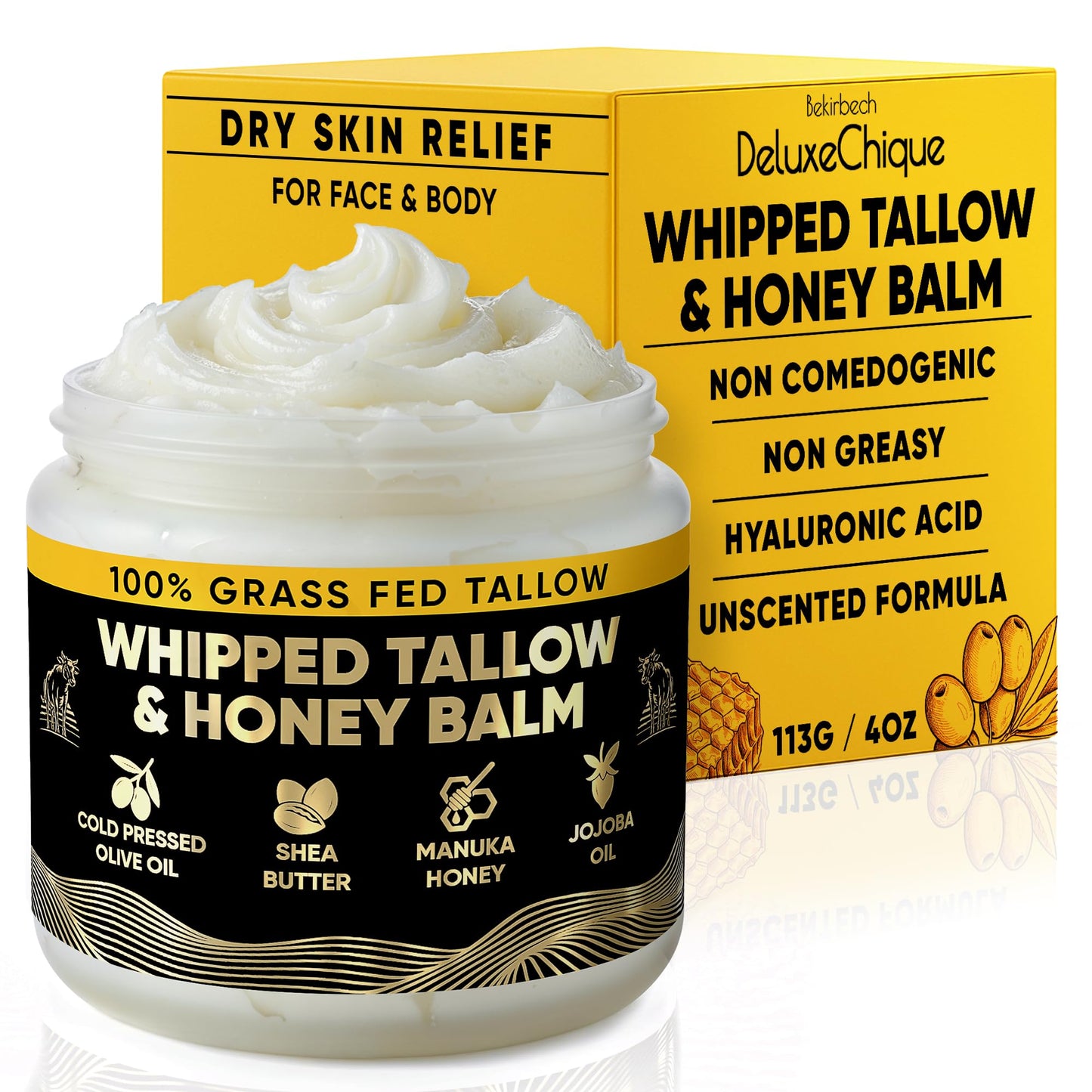 Bekirbech DeluxeChique Beef Tallow Face Moisturizer – Whipped Tallow & Honey Balm with Hyaluronic Acid, Manuka Honey, Aloe & Green Tea – Unscented Natural Skin Cream for Dry or Sensitive Skin – 4oz