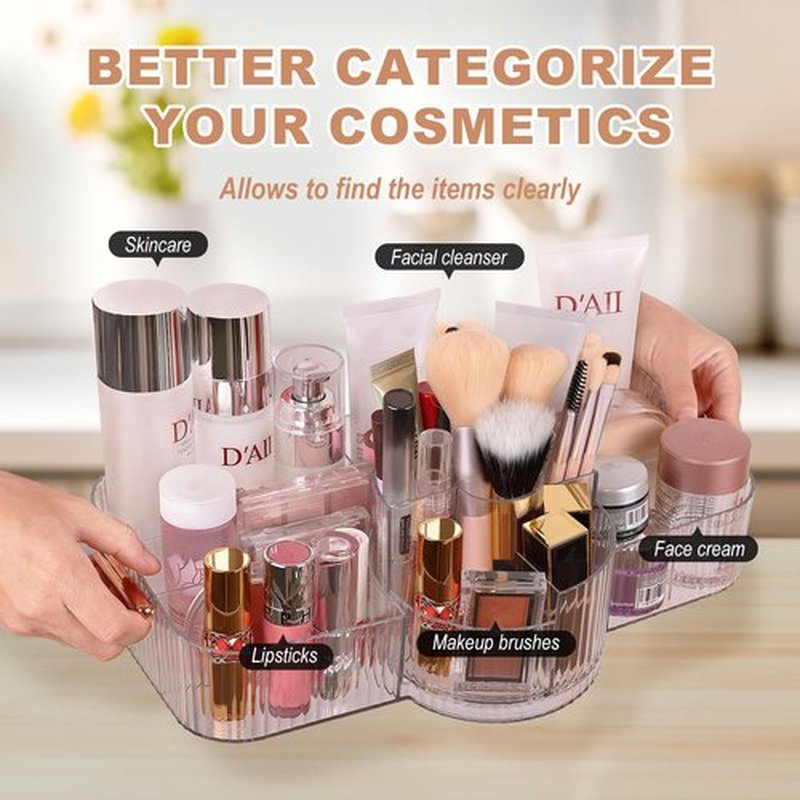 LAIMIJIN Countertop Makeup Organizer, Large Capacity Rotating Cosmetic Display Case for vanity, Spacious Makeup Skincare Storage Organizer with Makeup Brush Holder for Countertop (Clear)