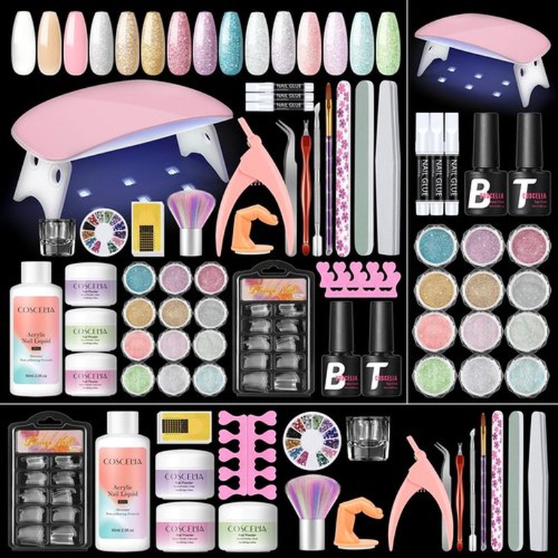 COSCELIA Acrylic Nail Kit with U V Light, 27PC Nude Pink Clear Acrylic Powder Glitter Powder Nail Kit with Everything for Beginners Full Manicure Supplies Home DIY