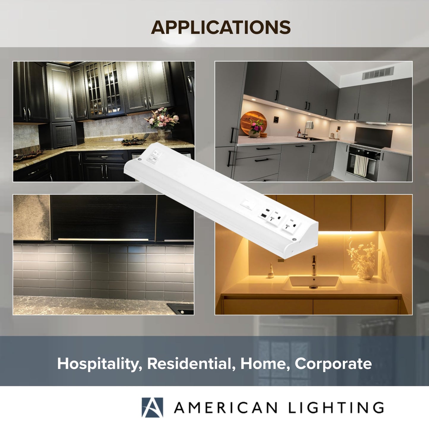 American Lighting LED Courant Plus Undercabinet Light 18 Inch 5CCT 90+ CRI 1000 Lumens with USB-A USB-C and 20A Receptacles White Finish Title 24 Compliant (2 Pack)