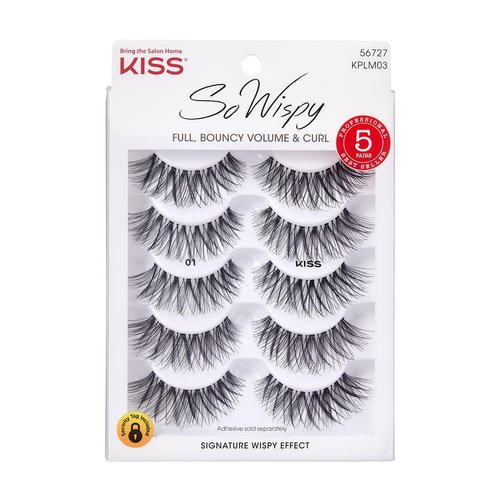 KISS So Wispy, False Eyelashes, 'Style #01', 14 mm, Includes 5 Pairs Of Lashes, Contact Lens Friendly, Easy to Apply, Reusable Strip Lashes, Multipack