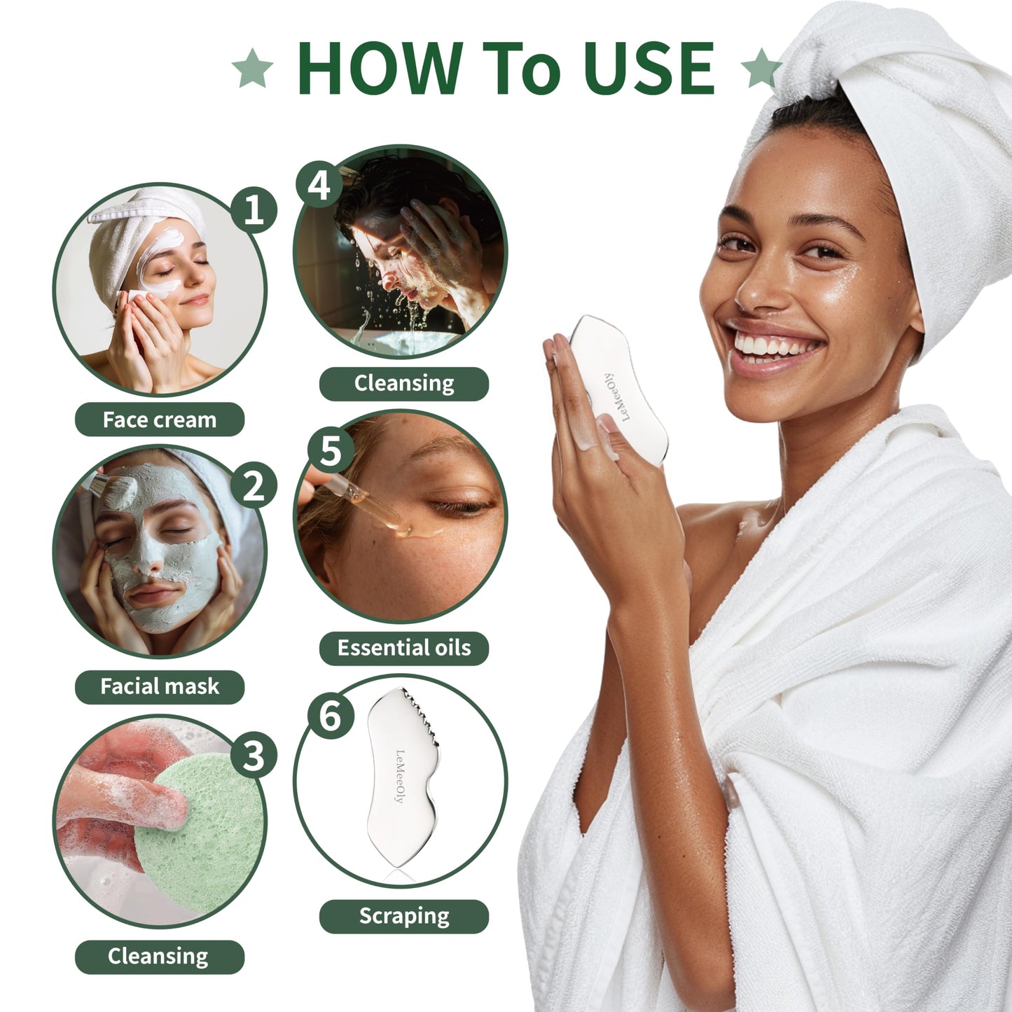 LeMeeOly Gua Sha Facial Tools Stainless Steel & Compressed Facial Sponges, Detail Metal GuaSha and Natural Spa Sponges for Facial Cleansing Skin Care，Guasha Stone Face Sculpting Tool
