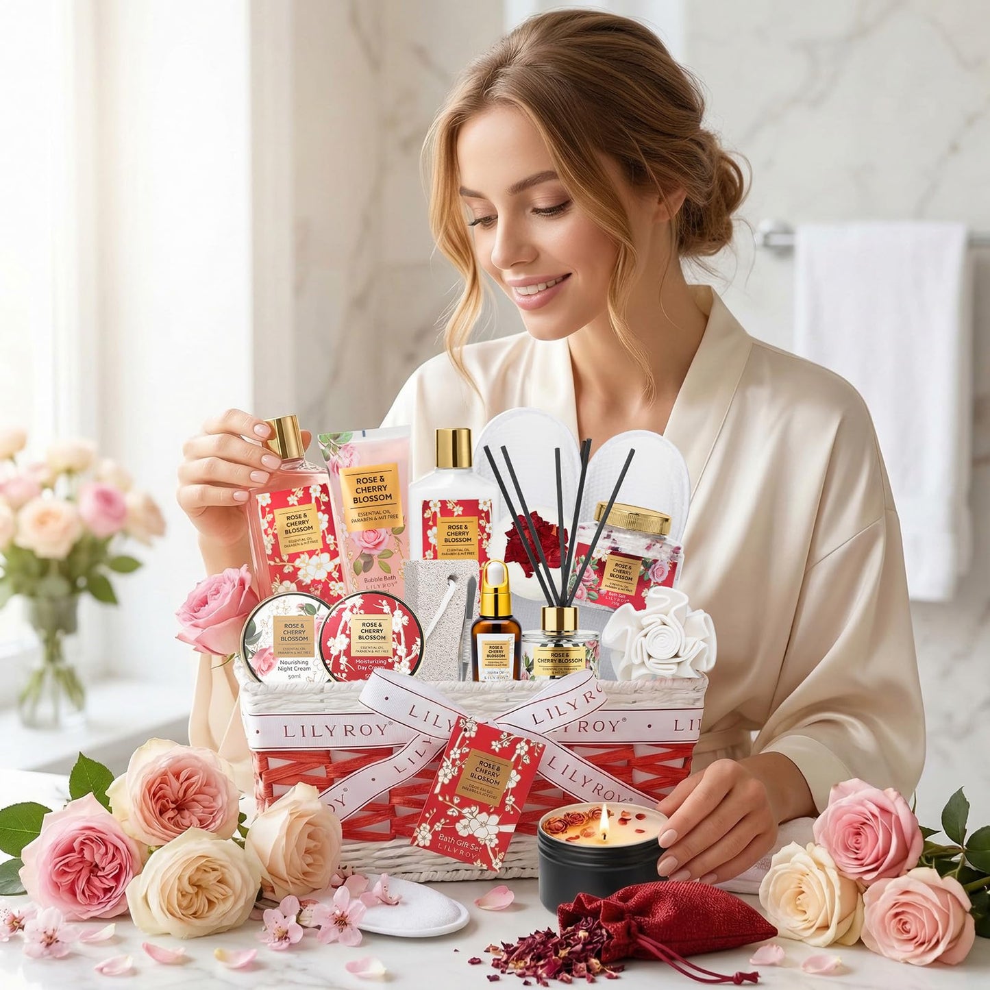 17Pcs Spa Gifts Bath Skin Care Set Relaxing Rose Spa Gift Baskets for Women